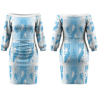 Bula Fiji Family Matching Off The Shoulder Long Sleeve Dress and Hawaiian Shirt White Makare Masi Tapa Pattern
