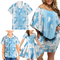 Bula Fiji Family Matching Off Shoulder Short Dress and Hawaiian Shirt White Makare Masi Tapa Pattern