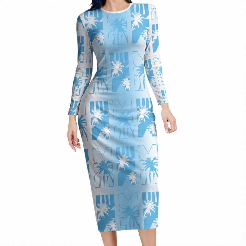 Bula Fiji Long Sleeve Bodycon Dress White Makare Masi Tapa Pattern