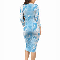 Bula Fiji Long Sleeve Bodycon Dress White Makare Masi Tapa Pattern