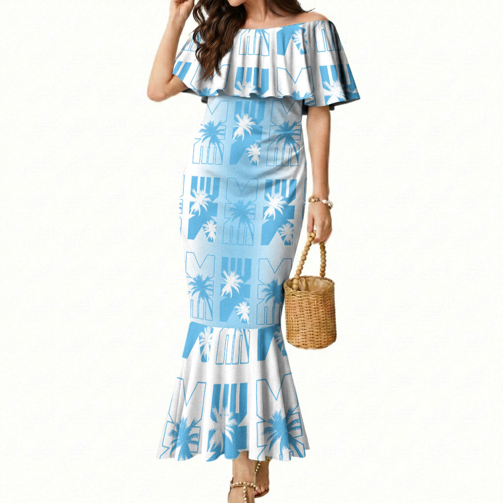Bula Fiji Mermaid Dress White Makare Masi Tapa Pattern