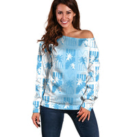 Bula Fiji Off Shoulder Sweater White Makare Masi Tapa Pattern