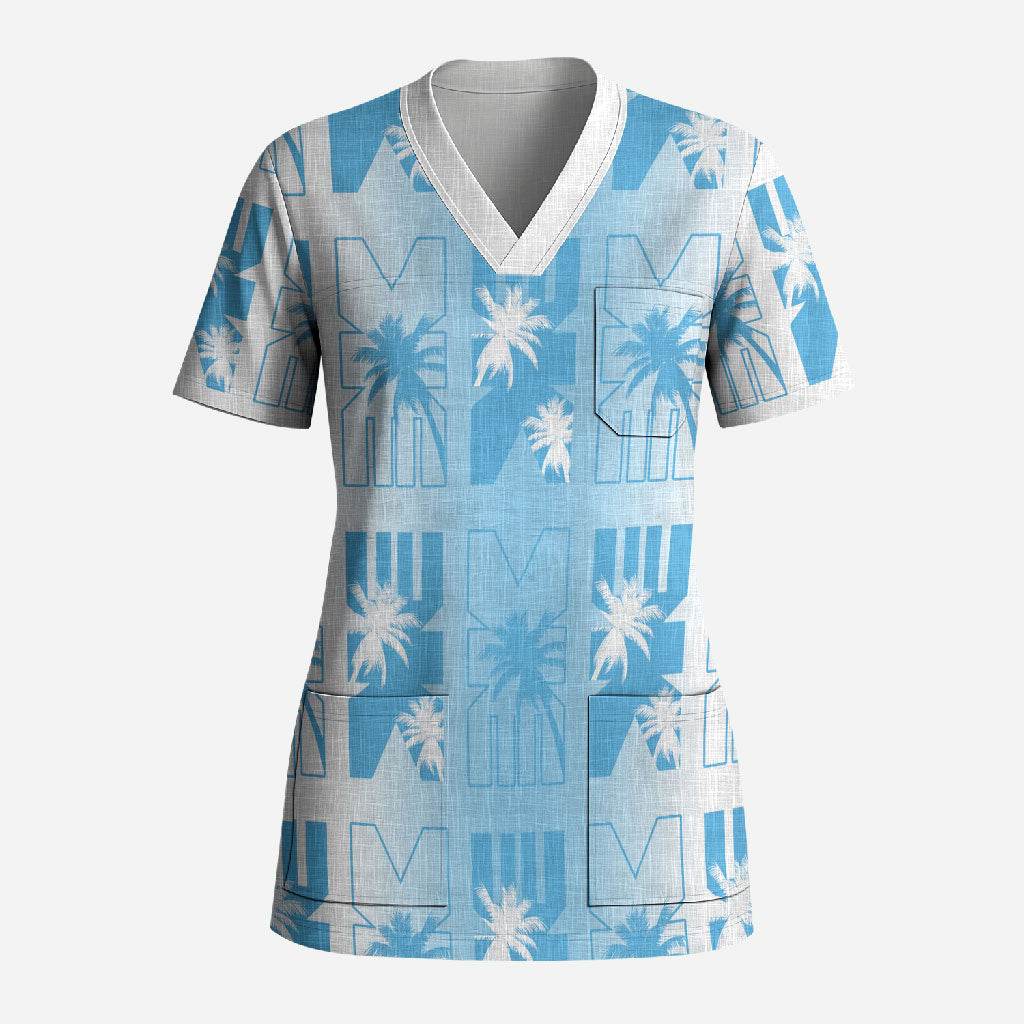 Bula Fiji Scrub Top White Makare Masi Tapa Pattern