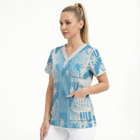 Bula Fiji Scrub Top White Makare Masi Tapa Pattern