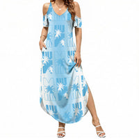 Bula Fiji Summer Maxi Dress White Makare Masi Tapa Pattern