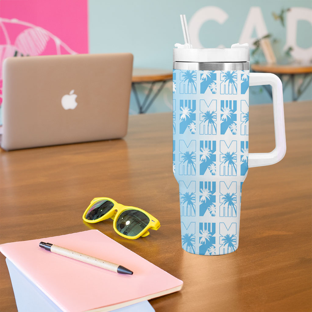 Bula Fiji Tumbler With Handle White Makare Masi Tapa Pattern