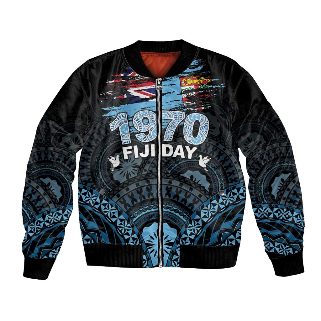 Personalised Happy Fiji Day 1970 Bomber Jacket Flag Grunge Style LT05 Unisex Black - Polynesian Pride