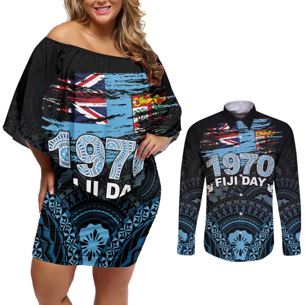 Personalised Happy Fiji Day 1970 Couples Matching Off Shoulder Short Dress and Long Sleeve Button Shirt Flag Grunge Style LT05 Black - Polynesian Pride