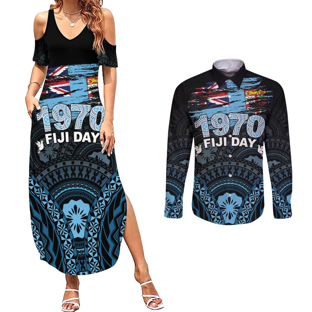 Personalised Happy Fiji Day 1970 Couples Matching Summer Maxi Dress and Long Sleeve Button Shirt Flag Grunge Style LT05 Black - Polynesian Pride