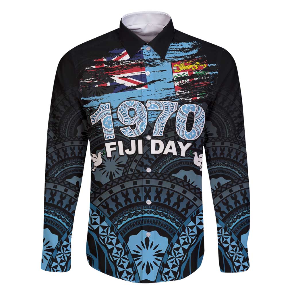 Personalised Happy Fiji Day 1970 Family Matching Long Sleeve Bodycon Dress and Hawaiian Shirt Flag Grunge Style