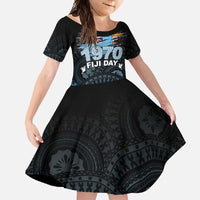 Personalised Happy Fiji Day 1970 Family Matching Short Sleeve Bodycon Dress and Hawaiian Shirt Flag Grunge Style LT05 Daughter's Dress Black - Polynesian Pride