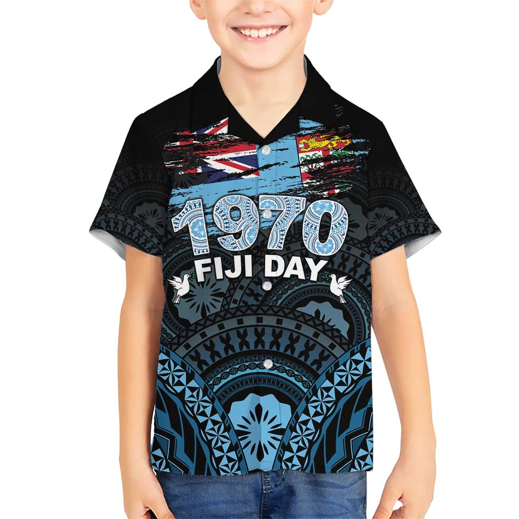 Personalised Happy Fiji Day 1970 Family Matching Short Sleeve Bodycon Dress and Hawaiian Shirt Flag Grunge Style LT05 Son's Shirt Black - Polynesian Pride