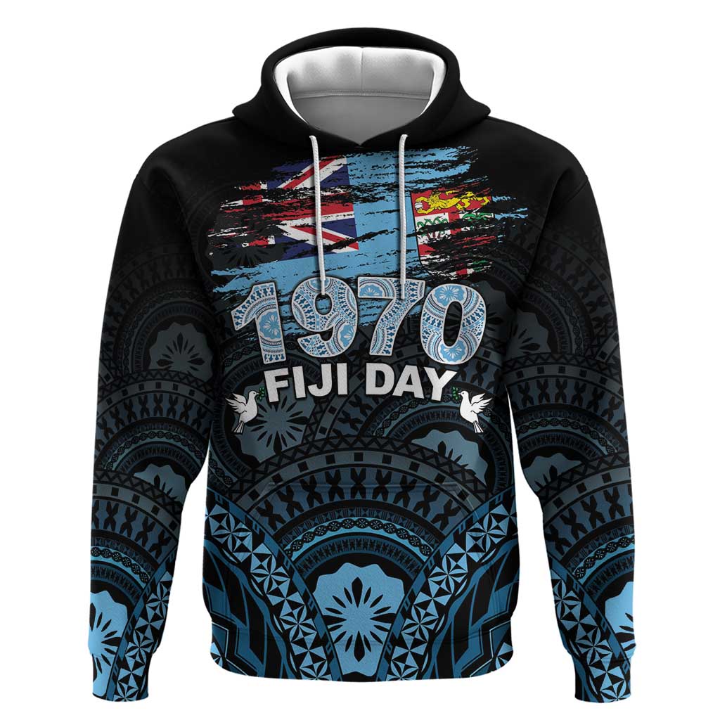 Personalised Happy Fiji Day 1970 Hoodie Flag Grunge Style LT05 Pullover Hoodie Black - Polynesian Pride