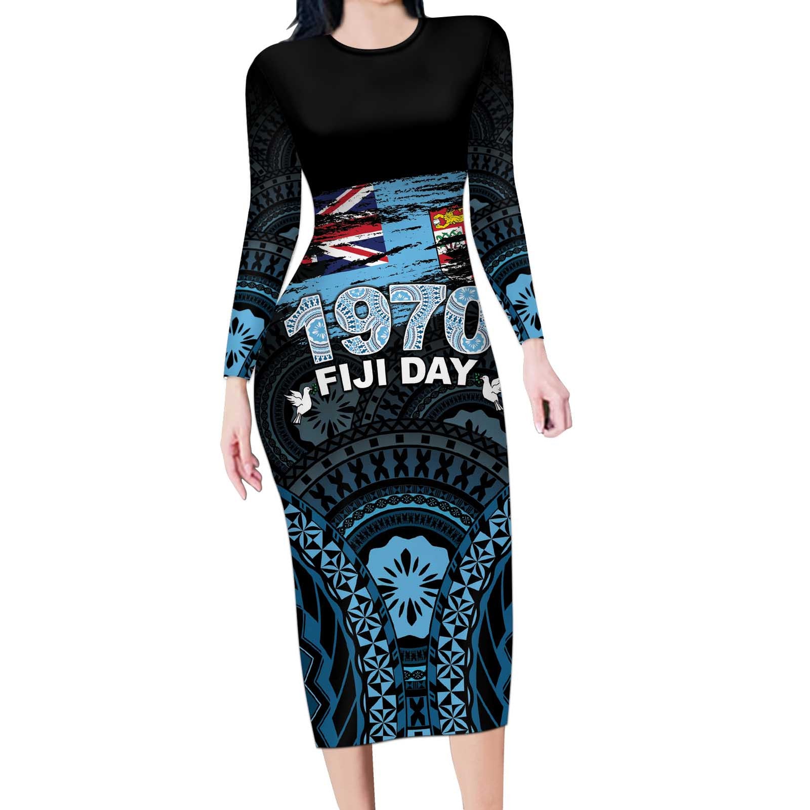 Personalised Happy Fiji Day 1970 Long Sleeve Bodycon Dress Flag Grunge Style LT05 Long Dress Black - Polynesian Pride