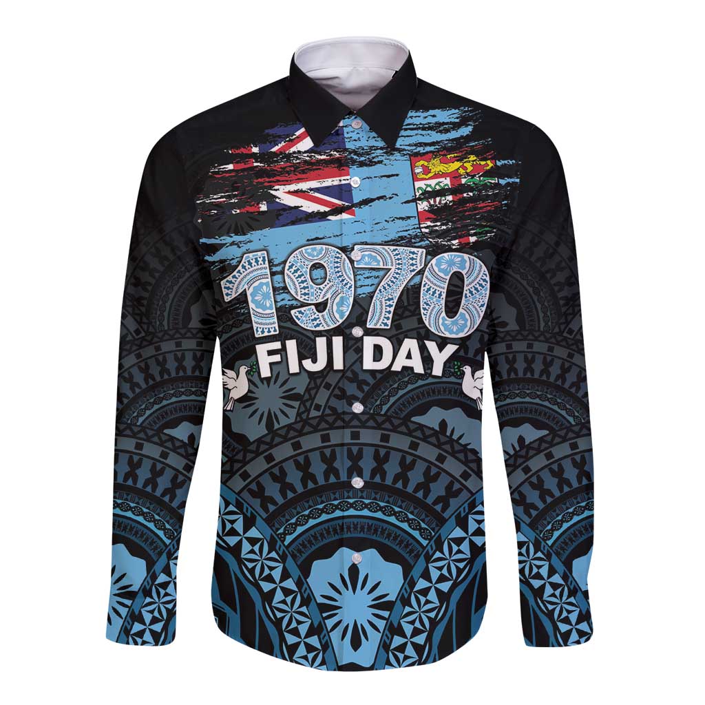 Personalised Happy Fiji Day 1970 Long Sleeve Button Shirt Flag Grunge Style LT05 Unisex Black - Polynesian Pride