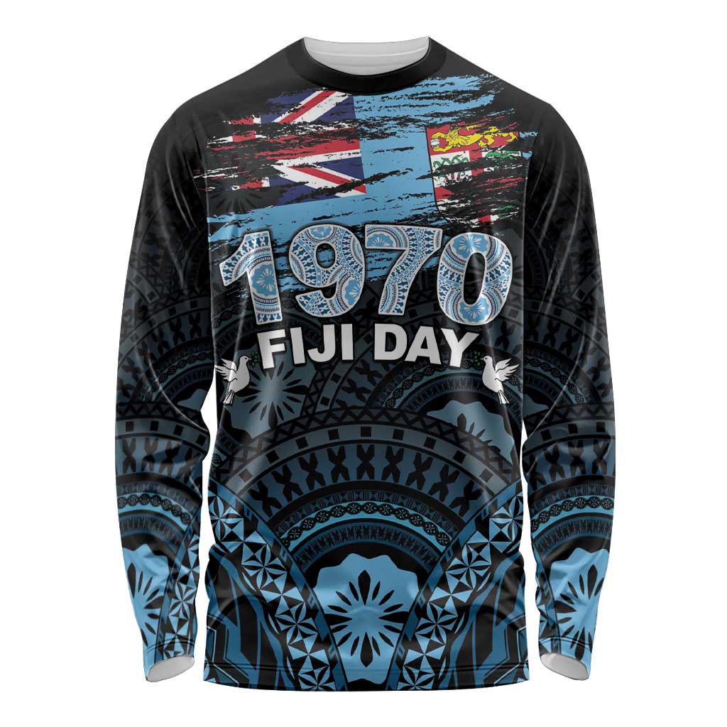 Personalised Happy Fiji Day 1970 Long Sleeve Shirt Flag Grunge Style LT05 Unisex Black - Polynesian Pride