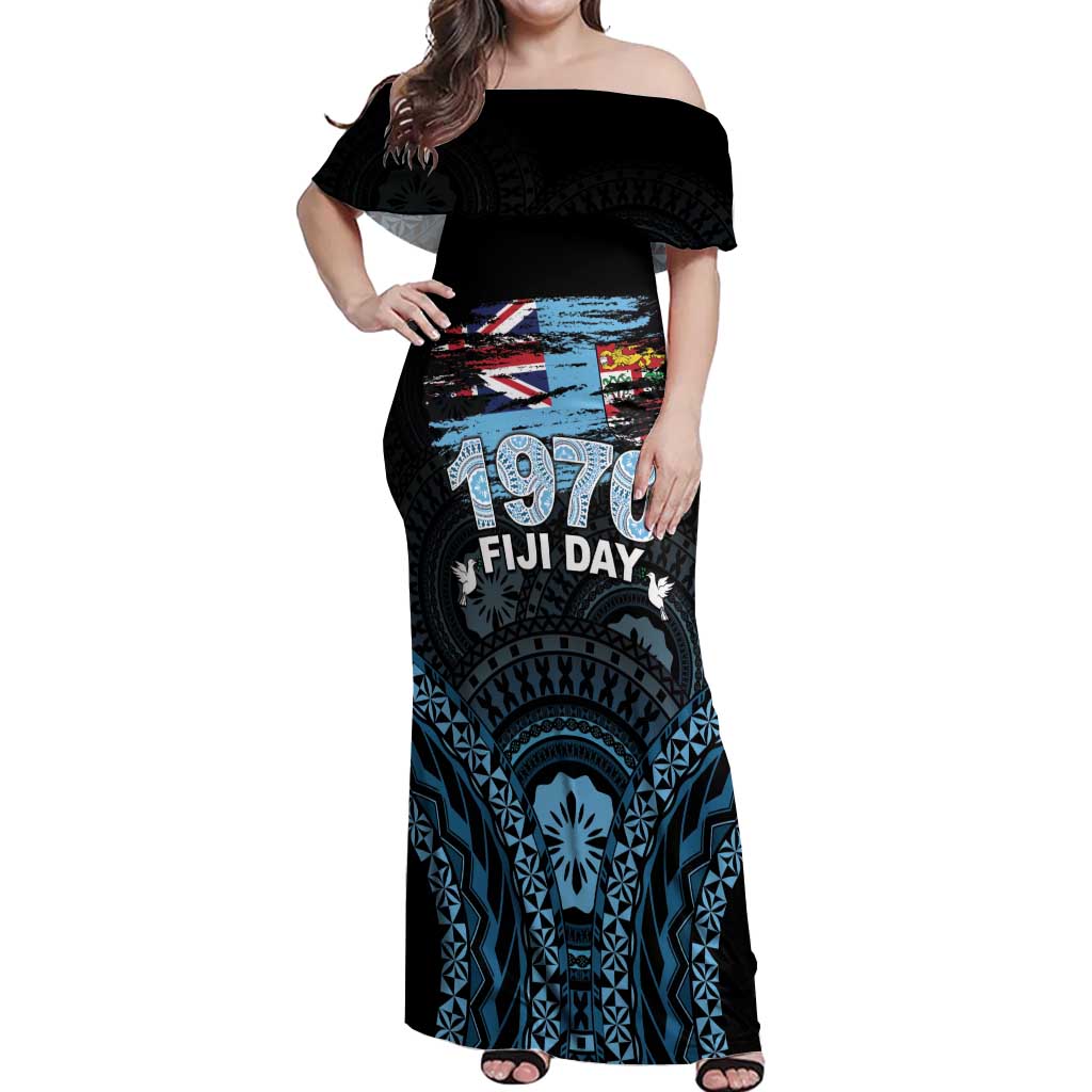 Personalised Happy Fiji Day 1970 Off Shoulder Maxi Dress Flag Grunge Style LT05 Women Black - Polynesian Pride