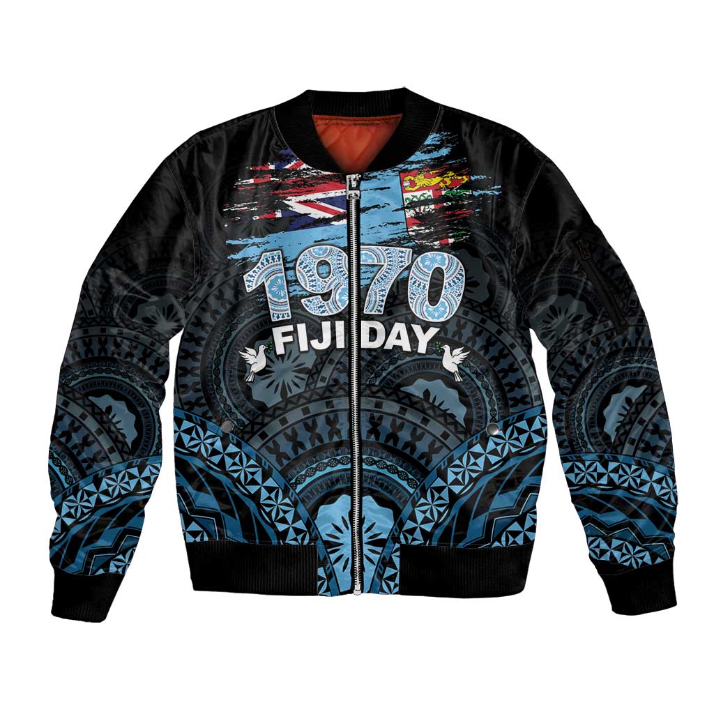 Personalised Happy Fiji Day 1970 Sleeve Zip Bomber Jacket Flag Grunge Style LT05 Unisex Black - Polynesian Pride
