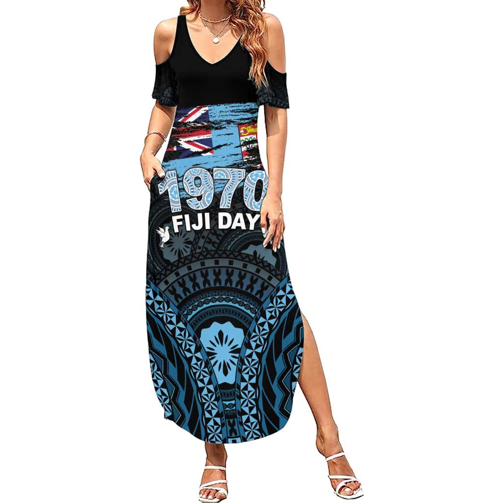Personalised Happy Fiji Day 1970 Summer Maxi Dress Flag Grunge Style LT05 Women Black - Polynesian Pride