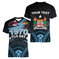 Personalised Happy Fiji Day 1970 Women V-Neck T-Shirt Flag Grunge Style
