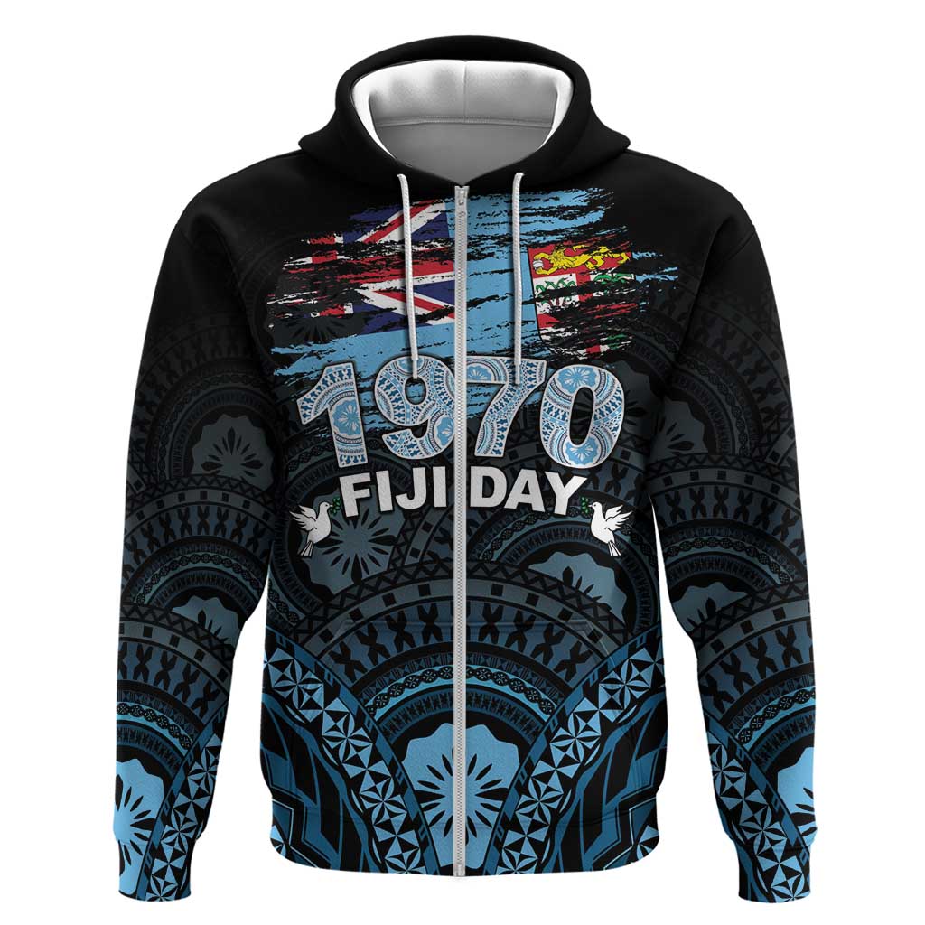 Personalised Happy Fiji Day 1970 Zip Hoodie Flag Grunge Style LT05 Zip Hoodie Black - Polynesian Pride