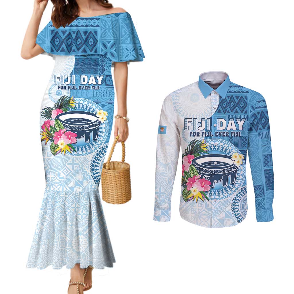 Fiji Day Couples Matching Mermaid Dress and Long Sleeve Button Shirt Proud To Be Fijian LT05 Blue - Polynesian Pride