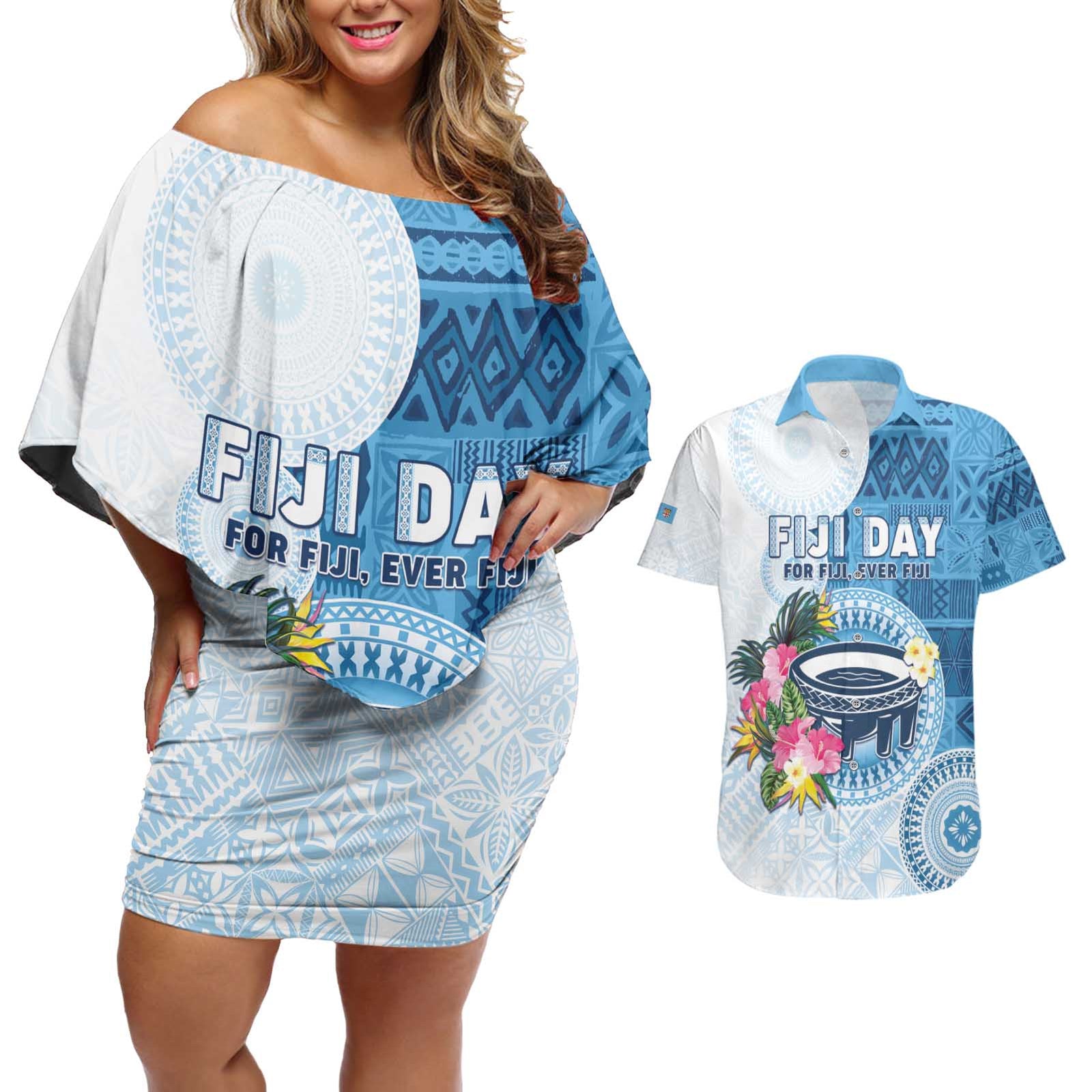 Fiji Day Couples Matching Off Shoulder Short Dress and Hawaiian Shirt Proud To Be Fijian LT05 Blue - Polynesian Pride