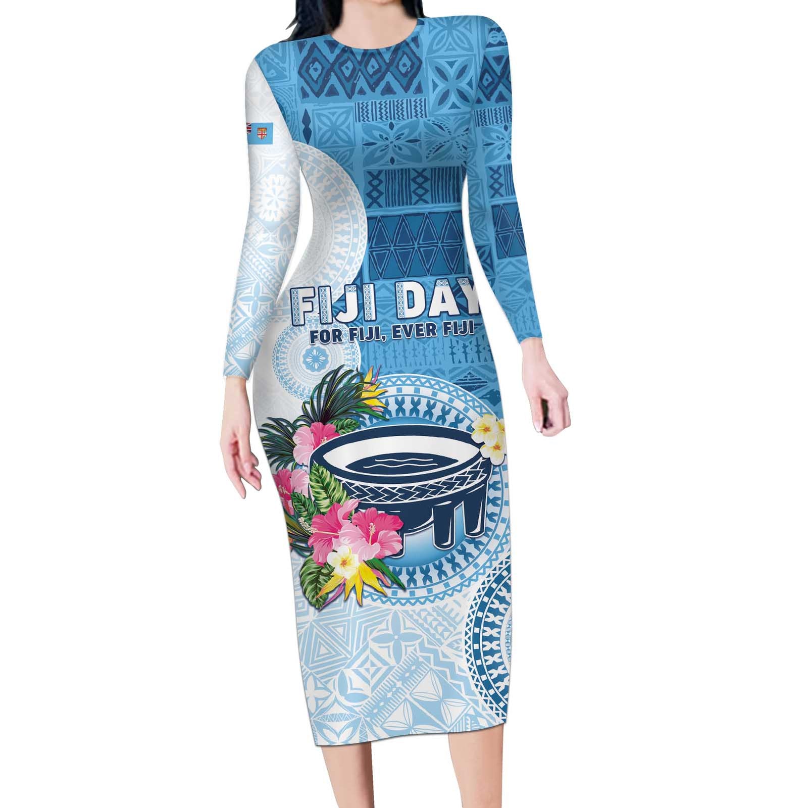 Fiji Day Long Sleeve Bodycon Dress Proud To Be Fijian LT05 Long Dress Blue - Polynesian Pride