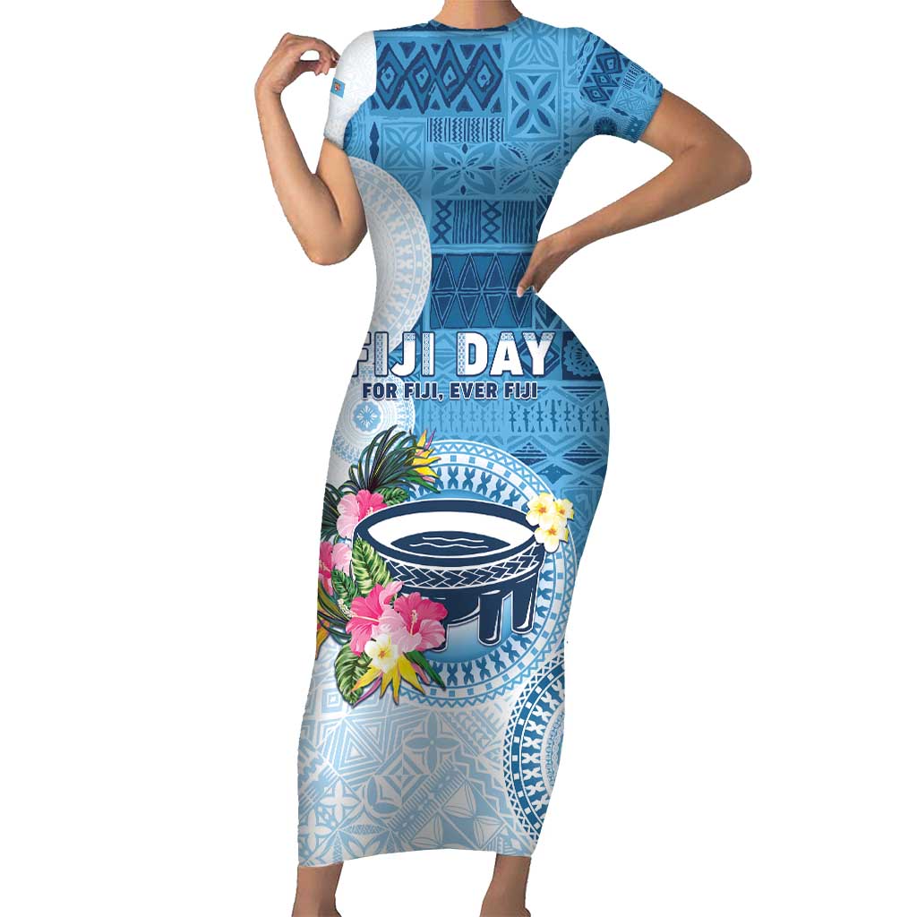 Fiji Day Short Sleeve Bodycon Dress Proud To Be Fijian LT05 Long Dress Blue - Polynesian Pride