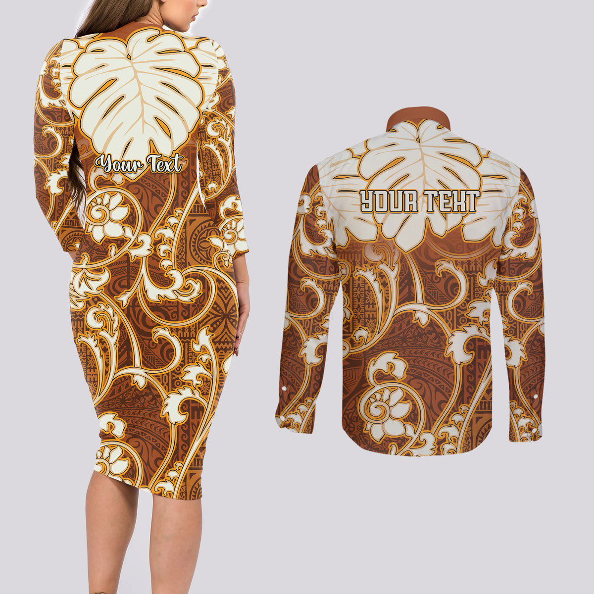 Personalized Fiji Spring Break Couples Matching Long Sleeve Bodycon Dress and Long Sleeve Button Shirts Fijian Tapa Pattern Brown LT05 - Polynesian Pride