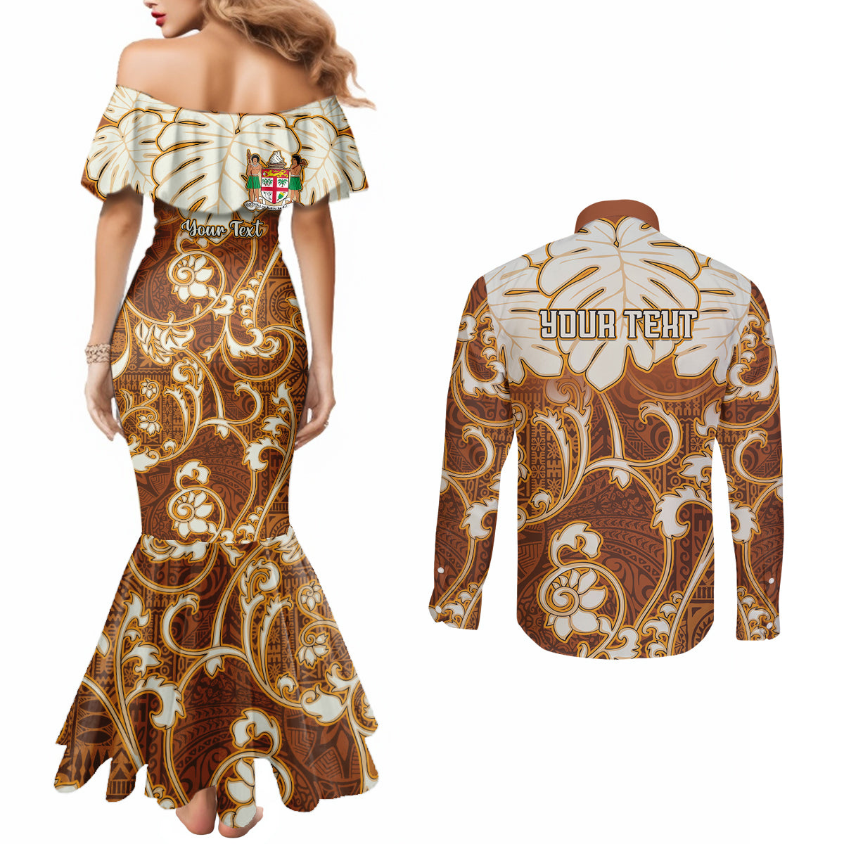 Personalized Fiji Spring Break Couples Matching Mermaid Dress and Long Sleeve Button Shirts Fijian Tapa Pattern Brown LT05 - Polynesian Pride