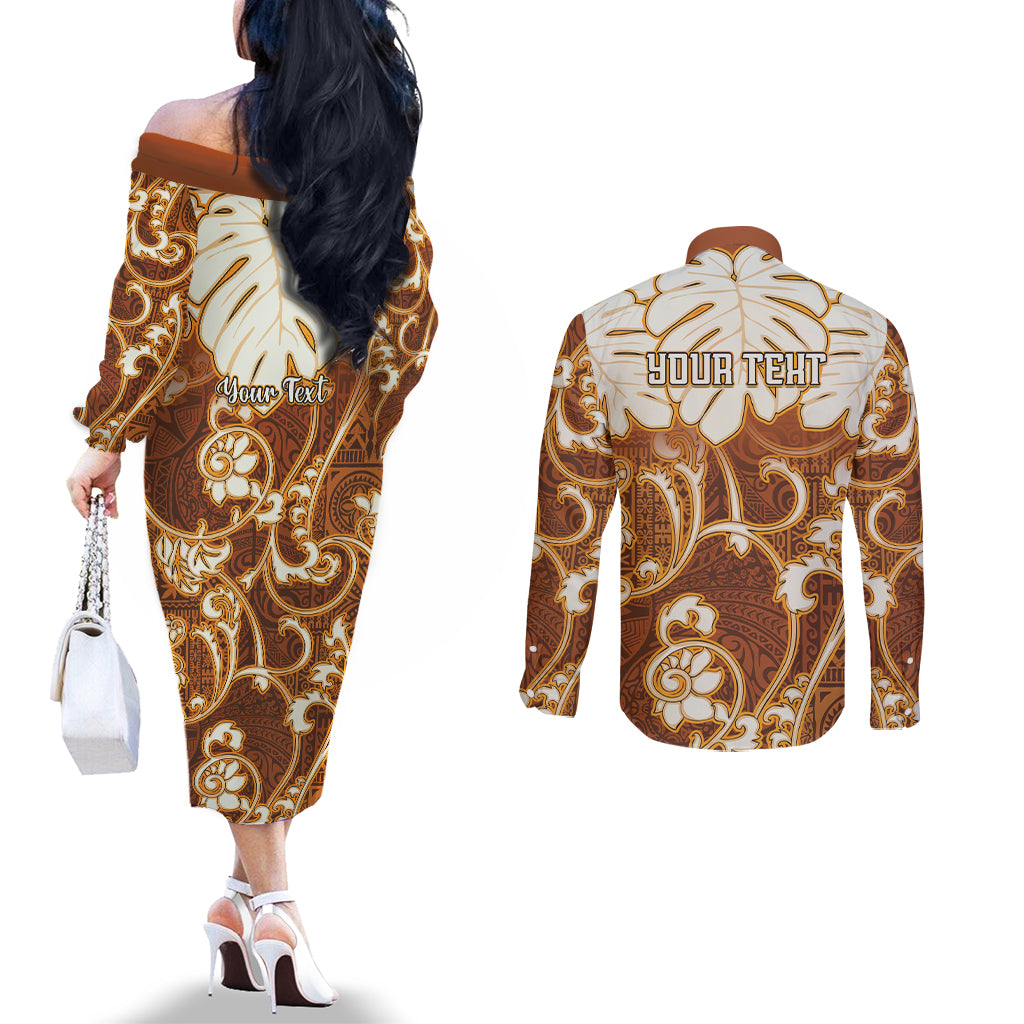Personalized Fiji Spring Break Couples Matching Off The Shoulder Long Sleeve Dress and Long Sleeve Button Shirts Fijian Tapa Pattern Brown LT05 - Polynesian Pride