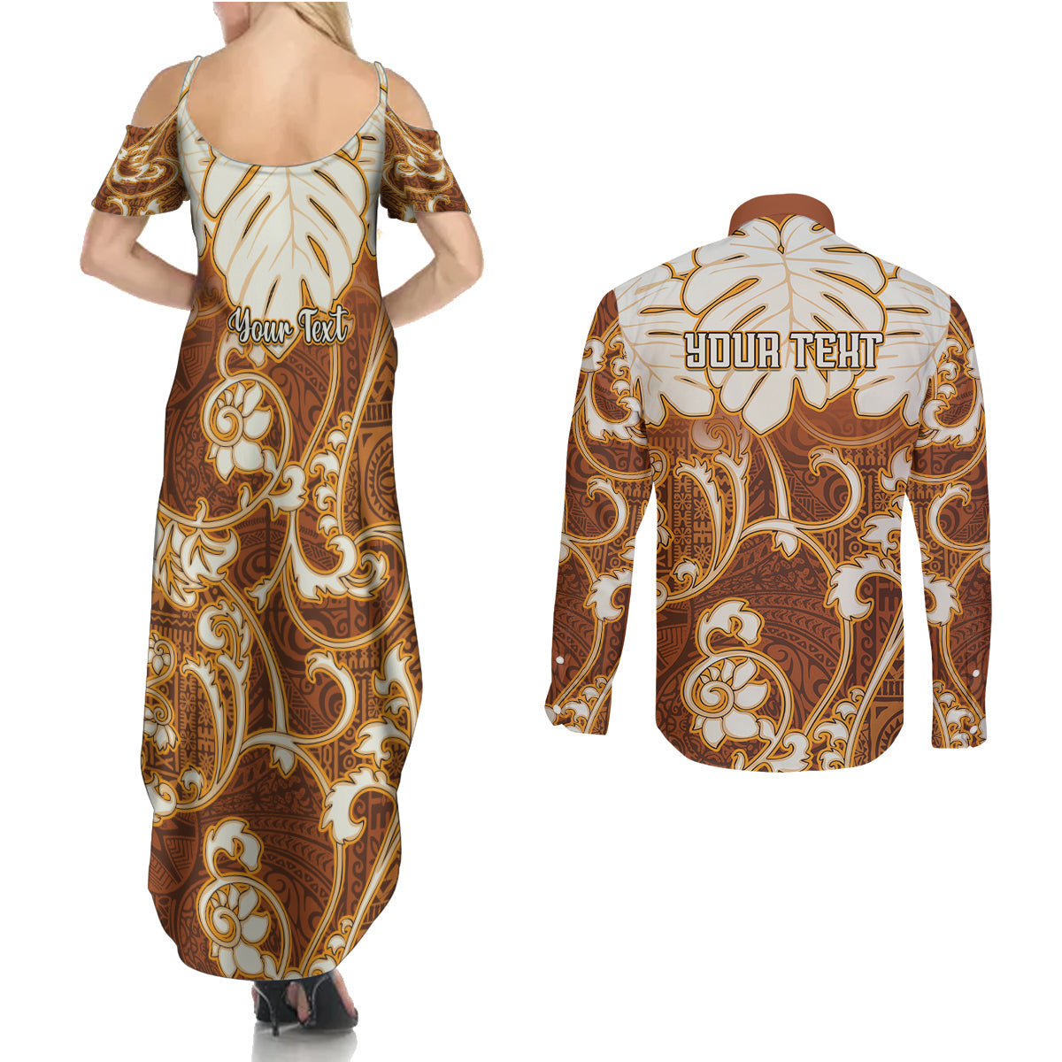 Personalized Fiji Spring Break Couples Matching Summer Maxi Dress and Long Sleeve Button Shirts Fijian Tapa Pattern Brown LT05 - Polynesian Pride