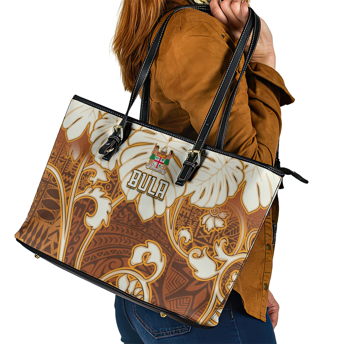 Fiji Spring Break Leather Tote Bag Fijian Tapa Pattern Brown LT05 - Polynesian Pride