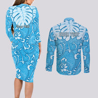 Personalized Fiji Spring Break Couples Matching Long Sleeve Bodycon Dress and Long Sleeve Button Shirts Fijian Tapa Pattern Blue LT05 - Polynesian Pride