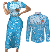 Personalized Fiji Spring Break Couples Matching Short Sleeve Bodycon Dress and Long Sleeve Button Shirts Fijian Tapa Pattern Blue LT05 Blue - Polynesian Pride