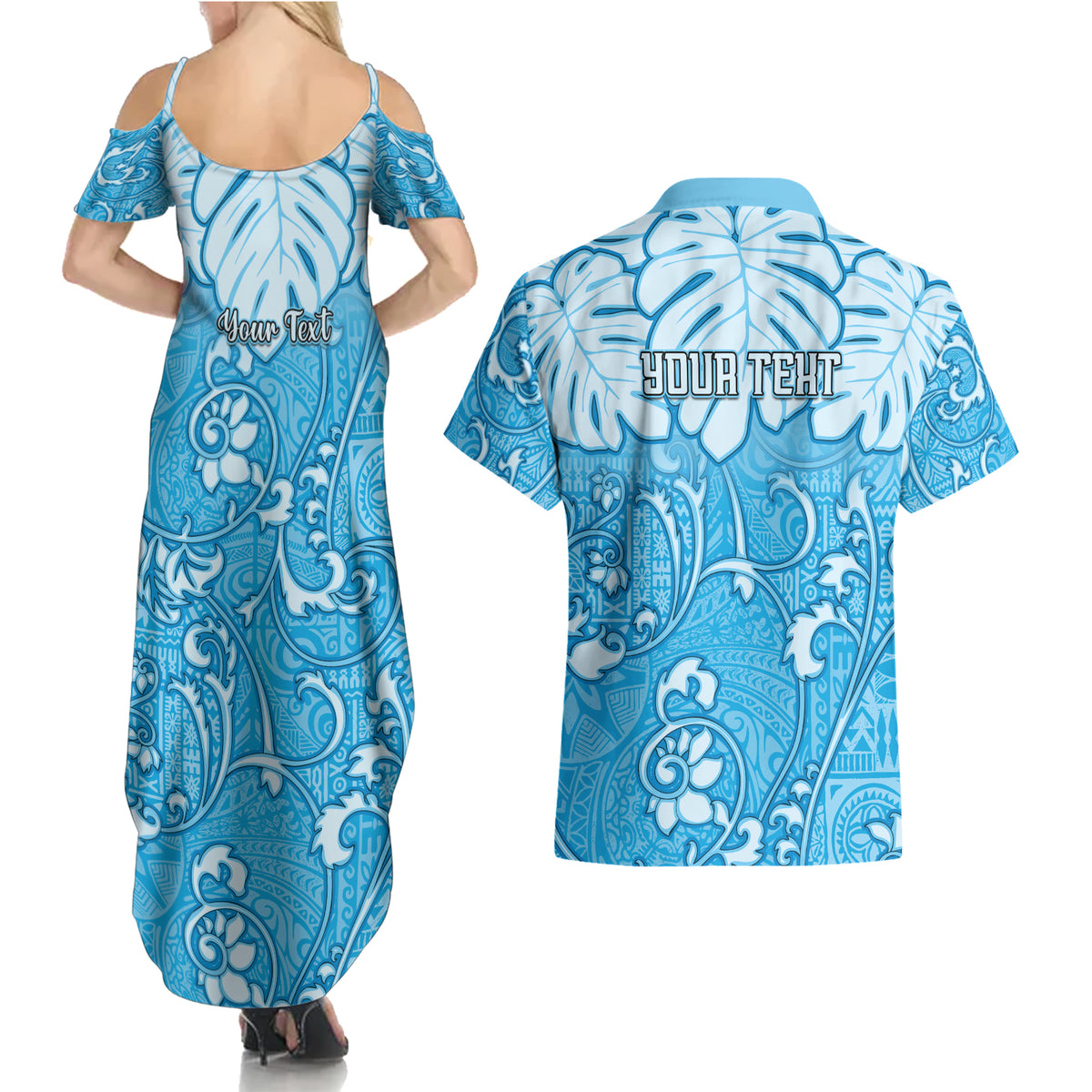 Personalized Fiji Spring Break Couples Matching Summer Maxi Dress and Hawaiian Shirt Fijian Tapa Pattern Blue LT05 - Polynesian Pride