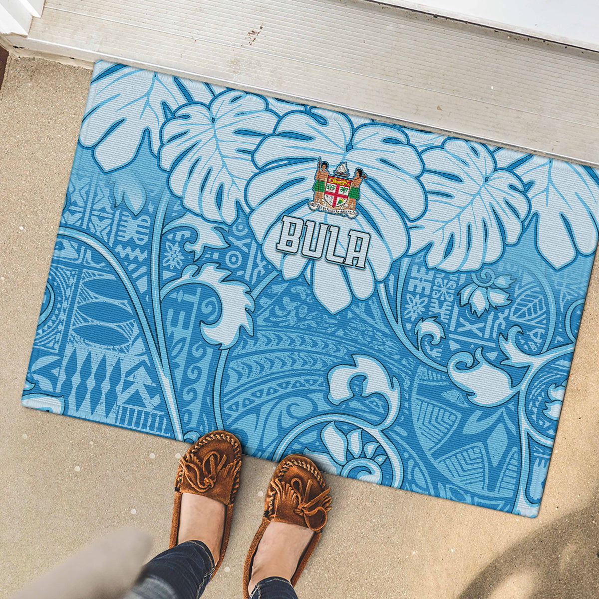 Fiji Spring Break Rubber Doormat Fijian Tapa Pattern Blue LT05 - Polynesian Pride