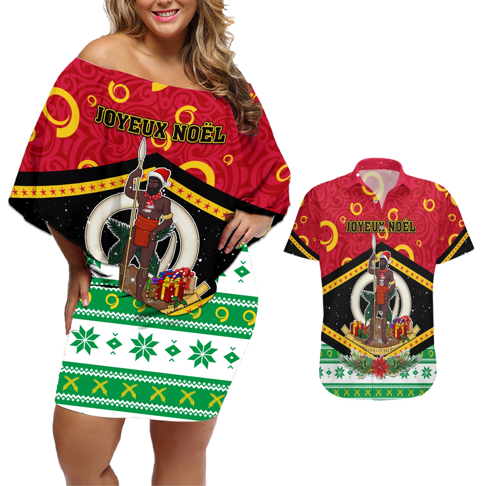 Personalized Vanuatu Christmas Couples Matching Off Shoulder Short Dress and Hawaiian Shirt Santa God Yumi LT05 Red - Polynesian Pride