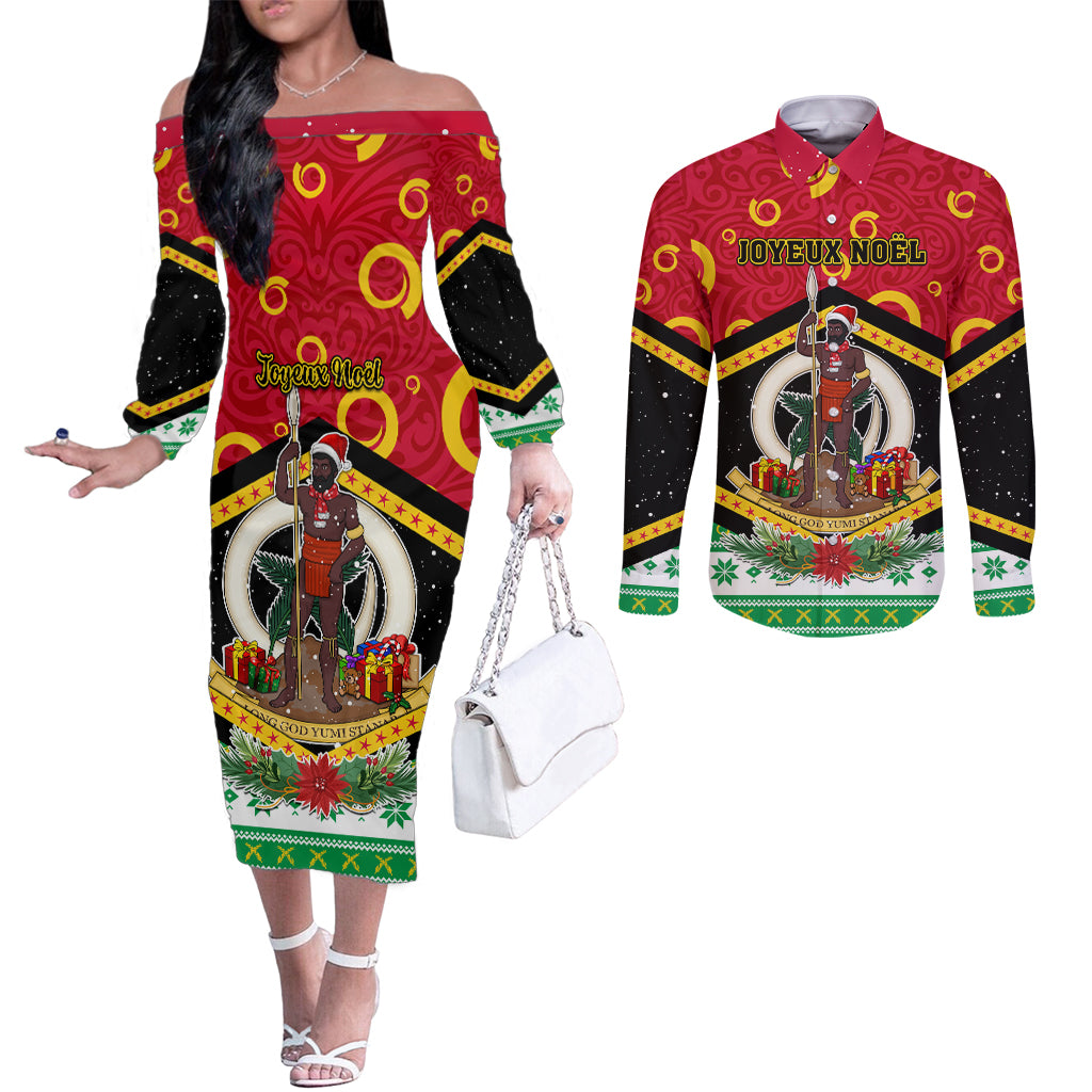 Personalized Vanuatu Christmas Couples Matching Off The Shoulder Long Sleeve Dress and Long Sleeve Button Shirts Santa God Yumi LT05 Red - Polynesian Pride