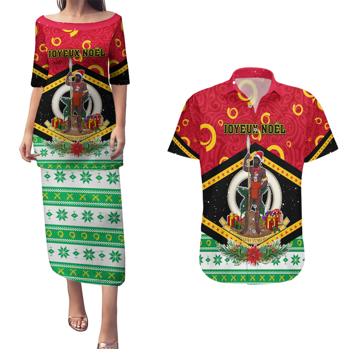 Personalized Vanuatu Christmas Couples Matching Puletasi Dress and Hawaiian Shirt Santa God Yumi LT05 Red - Polynesian Pride