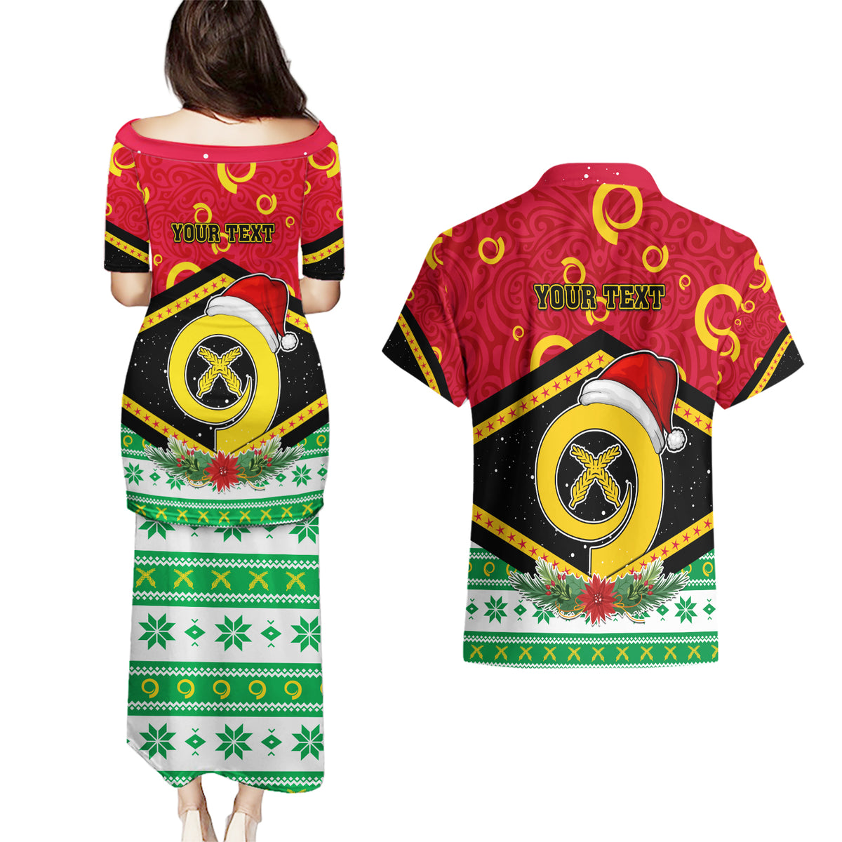 Personalized Vanuatu Christmas Couples Matching Puletasi Dress and Hawaiian Shirt Santa God Yumi LT05 - Polynesian Pride
