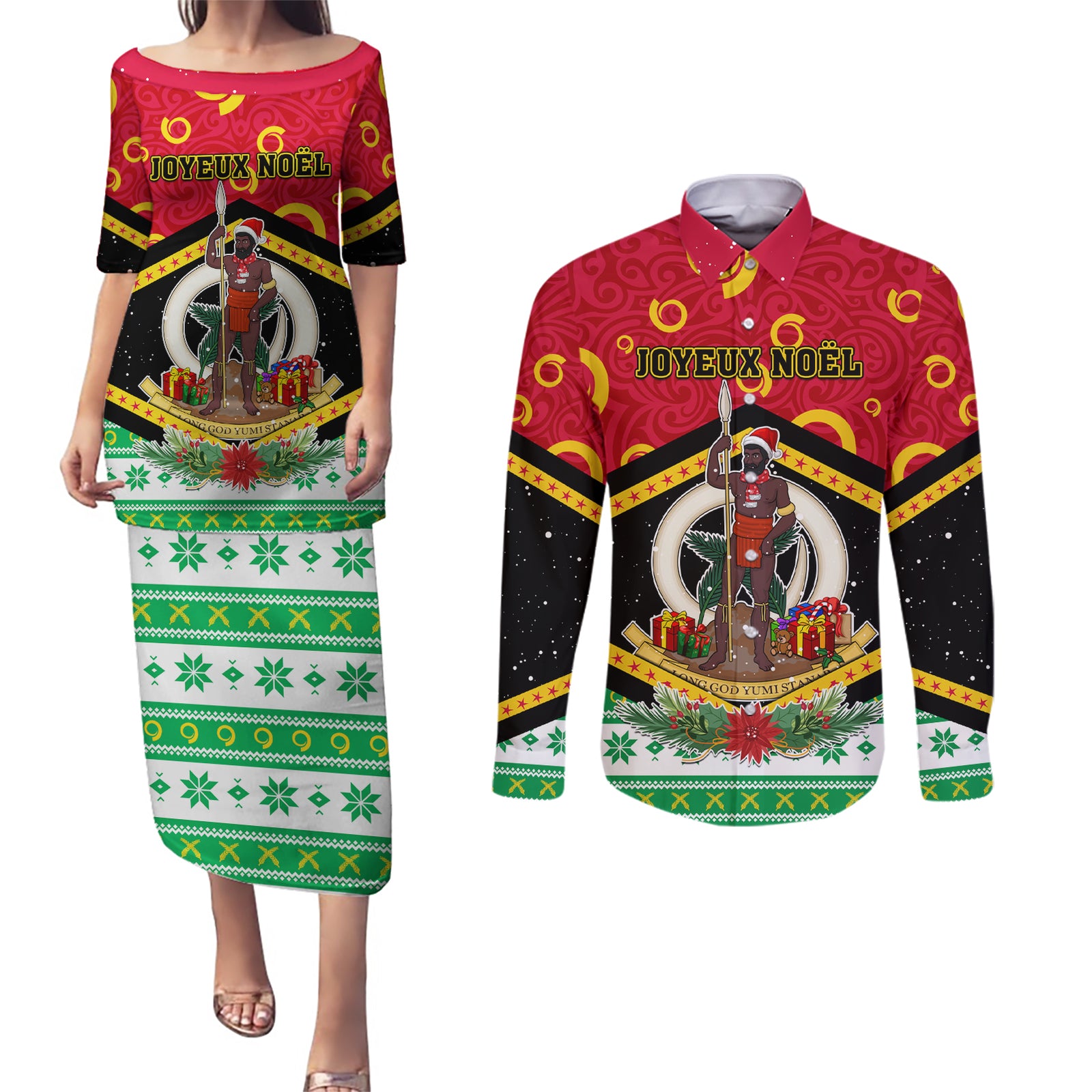 Personalized Vanuatu Christmas Couples Matching Puletasi Dress and Long Sleeve Button Shirts Santa God Yumi LT05 Red - Polynesian Pride