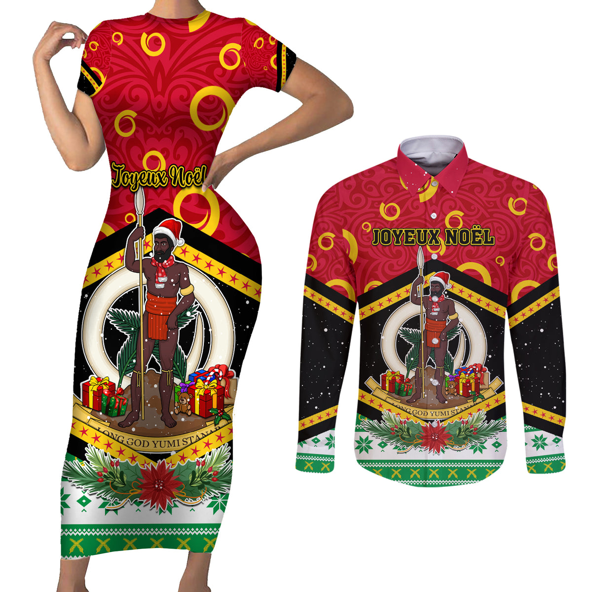 Personalized Vanuatu Christmas Couples Matching Short Sleeve Bodycon Dress and Long Sleeve Button Shirts Santa God Yumi LT05 Red - Polynesian Pride
