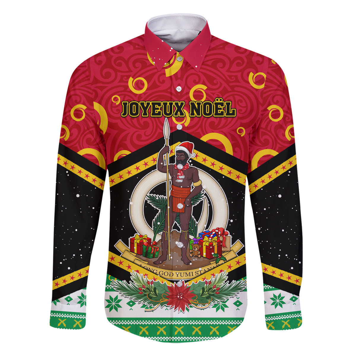 Personalized Vanuatu Christmas Family Matching Off Shoulder Short Dress and Hawaiian Shirt Santa God Yumi LT05 Dad's Shirt - Long Sleeve Red - Polynesian Pride