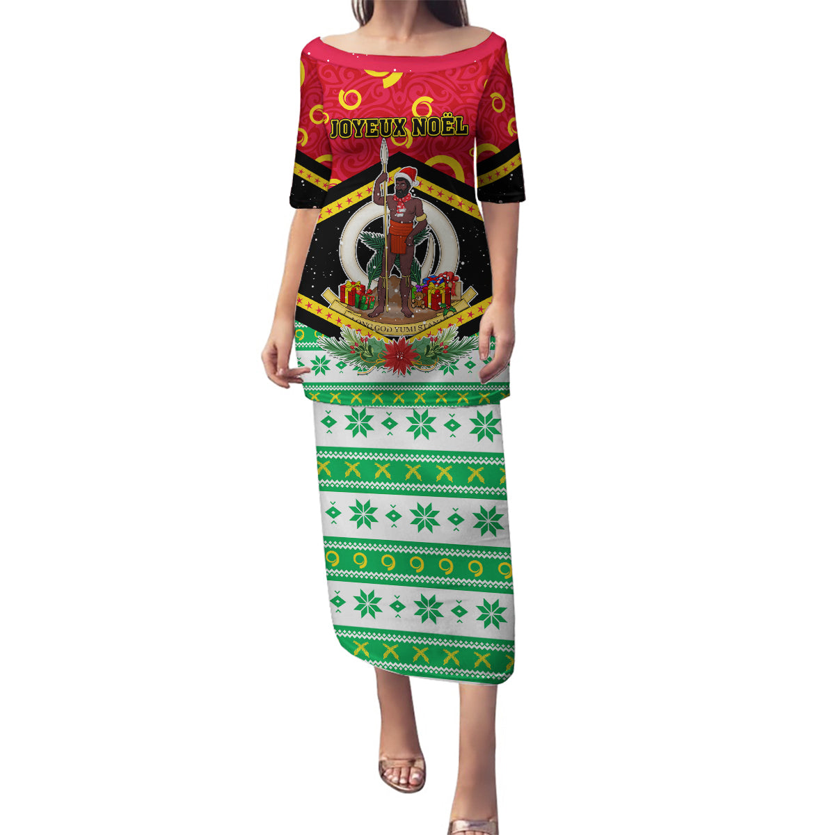 Personalized Vanuatu Christmas Family Matching Puletasi Dress and Hawaiian Shirt Santa God Yumi LT05 Mom's Dress Red - Polynesian Pride