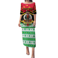 Personalized Vanuatu Christmas Family Matching Puletasi Dress and Hawaiian Shirt Santa God Yumi LT05 Mom's Dress Red - Polynesian Pride