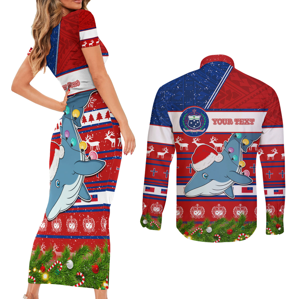 Personalized Samoa Christmas Couples Matching Short Sleeve Bodycon Dress and Long Sleeve Button Shirts Santas Whale Manuia Le Kerisimasi LT05 - Polynesian Pride