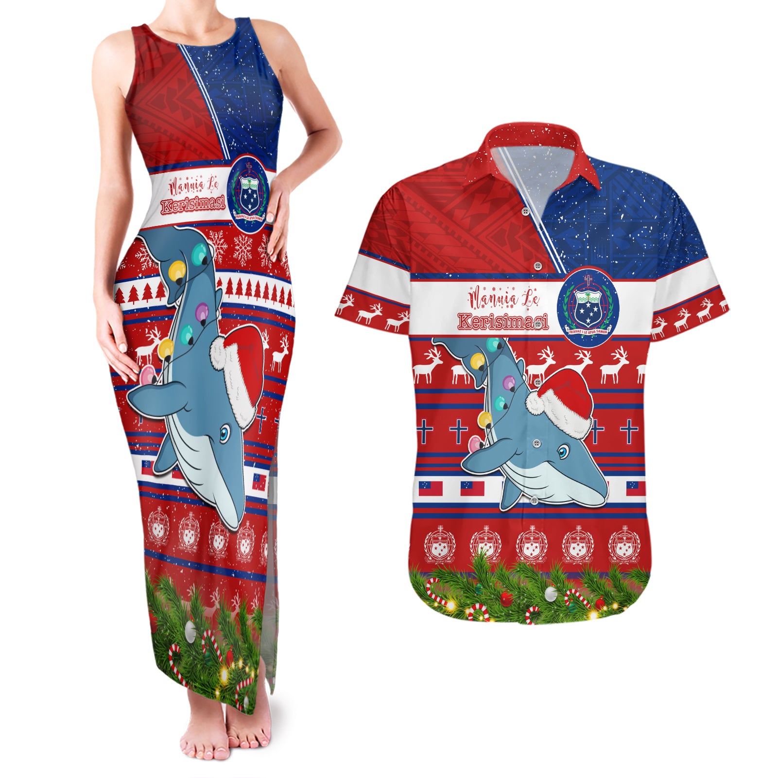 Personalized Samoa Christmas Couples Matching Tank Maxi Dress and Hawaiian Shirt Santas Whale Manuia Le Kerisimasi LT05 Red - Polynesian Pride
