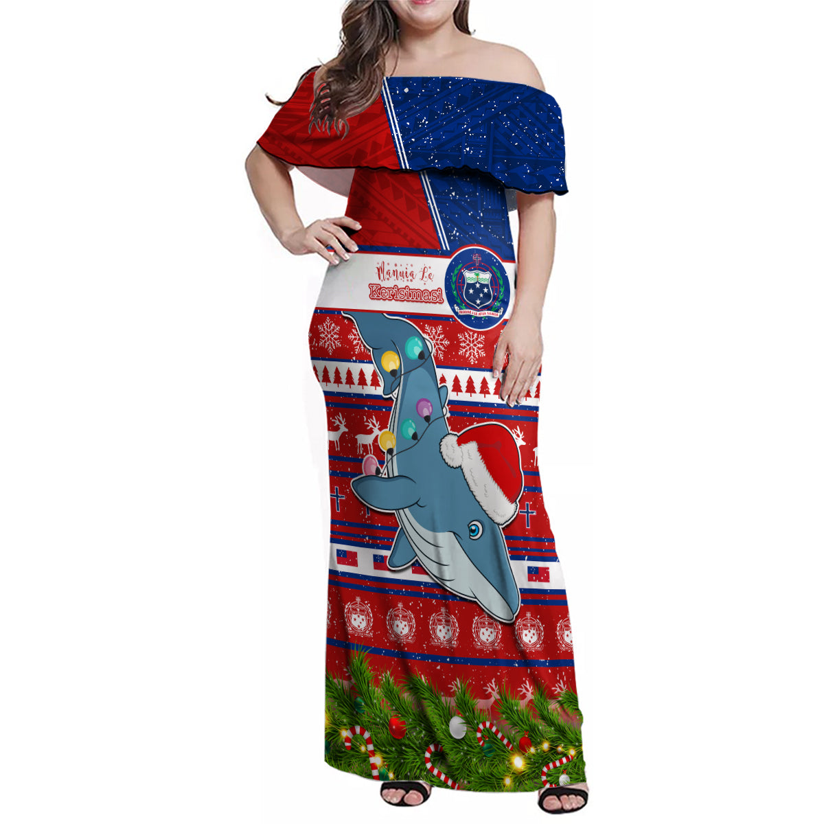Personalized Samoa Christmas Family Matching Off Shoulder Maxi Dress and Hawaiian Shirt Santas Whale Manuia Le Kerisimasi LT05 Mom's Dress Red - Polynesian Pride